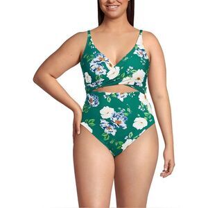 Land's End One piece monokini swimsuit island Emerald Petunia floral 16 Long